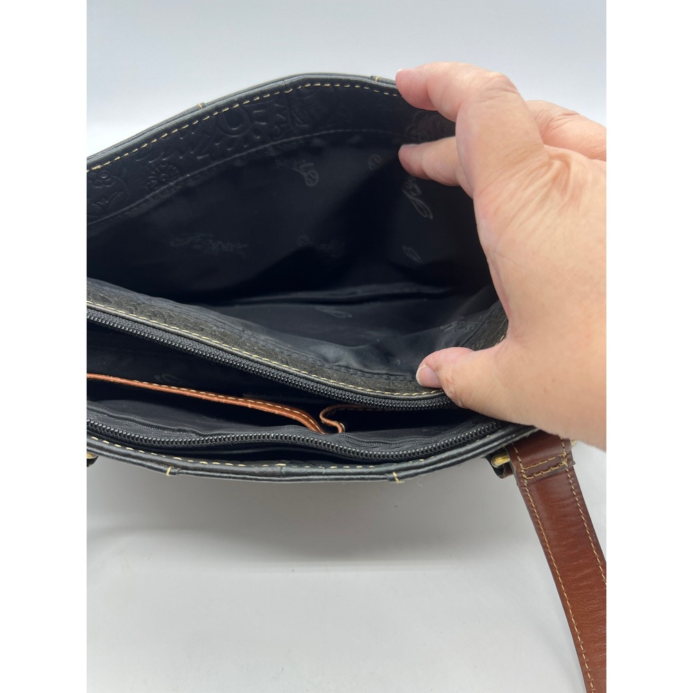 Fossil Embossed Floral Shoulder Bag Boho Cottagecore Western Black Leather - Picture 4 of 9